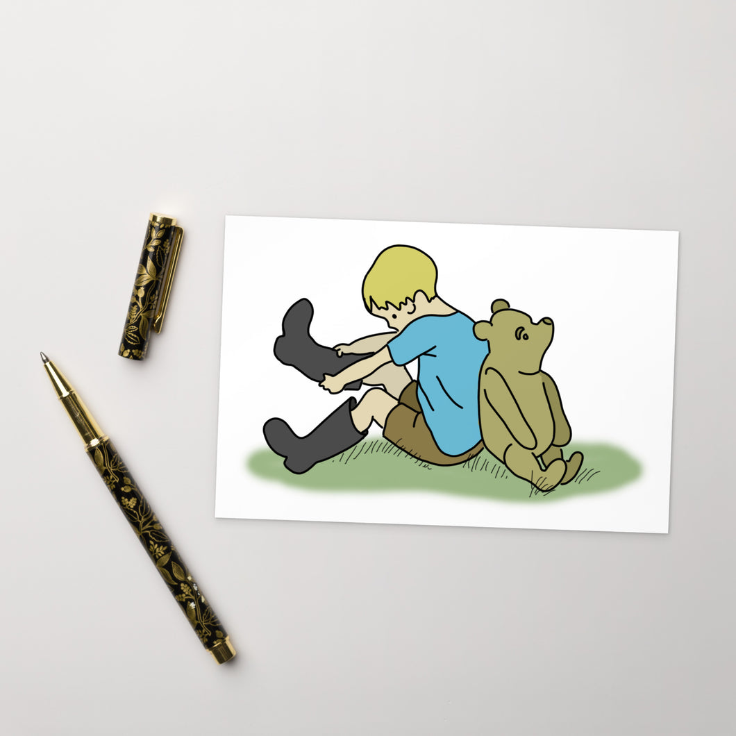Pooh Helps Christopher Robin with His Rainboots Postcard